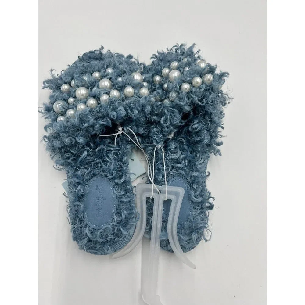 Cat Jack Girls Fuzzy Slippers Pearls Blue Size 3 Slides‎ Faux Fur NWT